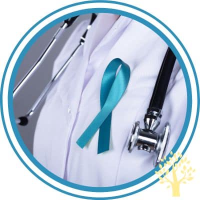 Ovarian cancer blue ribbon on white coat